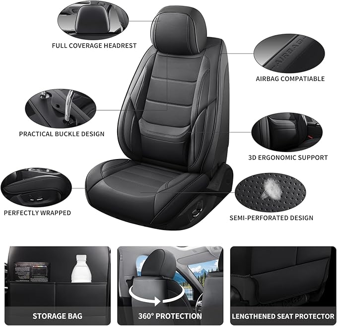 Car Seat Covers Full Set Custom Fit for Mercury Sable 1995-2009,Premium Faux Leather with Lumbar Support, Breathable, Anti-Slip & Soft Touch(Black,Fullset)
