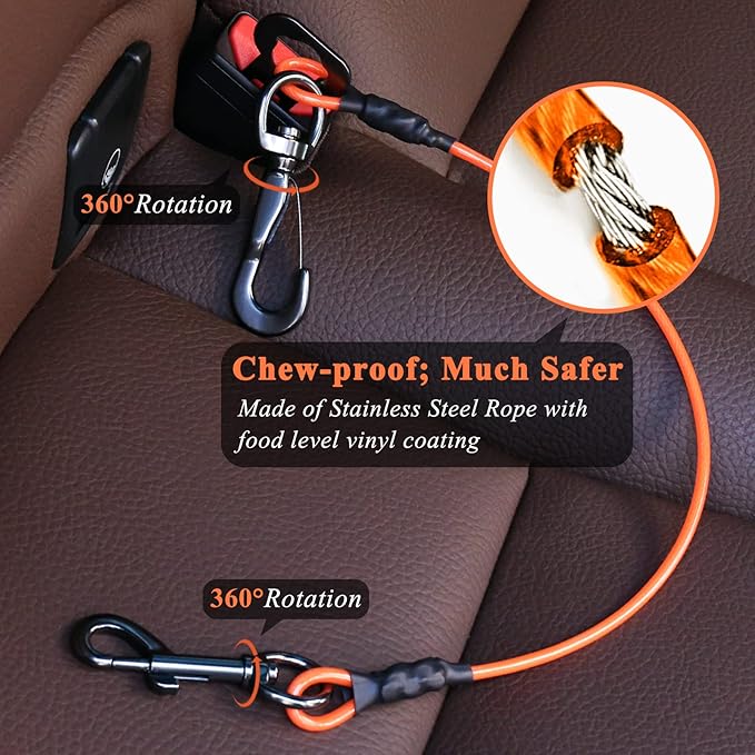 VIVAGLORY Dog Seat Belt Tuffbelt Dog Car Harness, Seatbelt with Clip & Hook for Car Travel, Chew Proof Anti Chew Unchewable Metal Safety Tether Restraint, XS, Orange