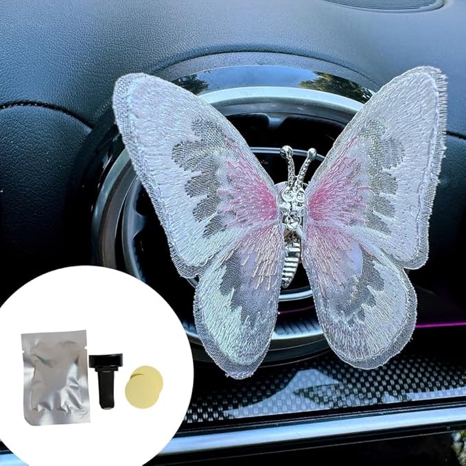 2 Pcs Embroidery Fragrance Butterfly Decoration, Butterfly Car Vent Clips, Embroidery Fragrance Butterfly Car Air Freshener Clip Charm Car Inter Decor Cute Car Accessories for Women Girls-White