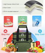 Insulated Lunch Bag for Men & Women, Double Leakproof Lunch Box Soft Cooler Tote with 5 Pockets, 600D Oxford, EVA Lining, Adjustable Strap for Work, Picnic, Beach&Travel-Army Green