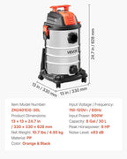 VEVOR Shop Vac, 8 Gallon Wet Dry Shop Vacuum, 6 Peak HP with One-Button Self-Cleaning, Dual-Filter, 900W Input Power, 1.25in x 7ft Hose, 9.8ft Cord, Metal Tank for Jobsite, Workshop, Garage, Home