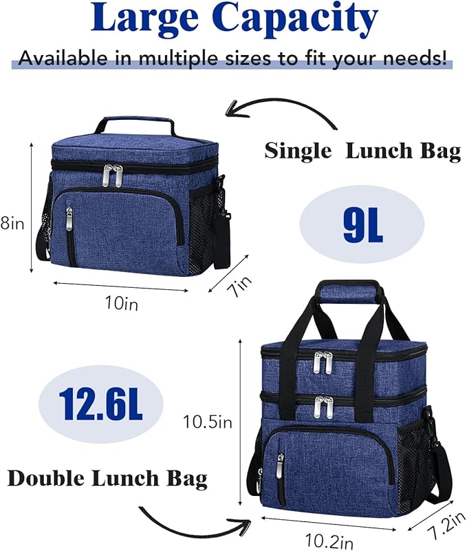 Insulated Lunch Bag for Men & Women, 9L Leakproof Lunch Box Soft Cooler Tote with 5 Pockets, 600D Oxford, EVA Lining, Adjustable Strap for Work, Picnic, Beach&Travel-Navy Blue