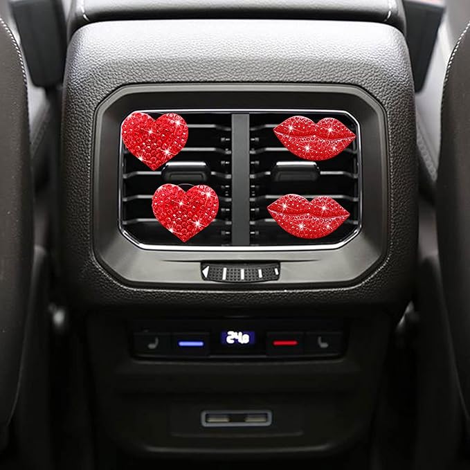 Bling 5 Pcs Red Lips Air Vent Clips, Heart Shape Crystal Car Decor - Women Rhinestone Diffuser Vent Clip Cute Car Accessories (Red lips)