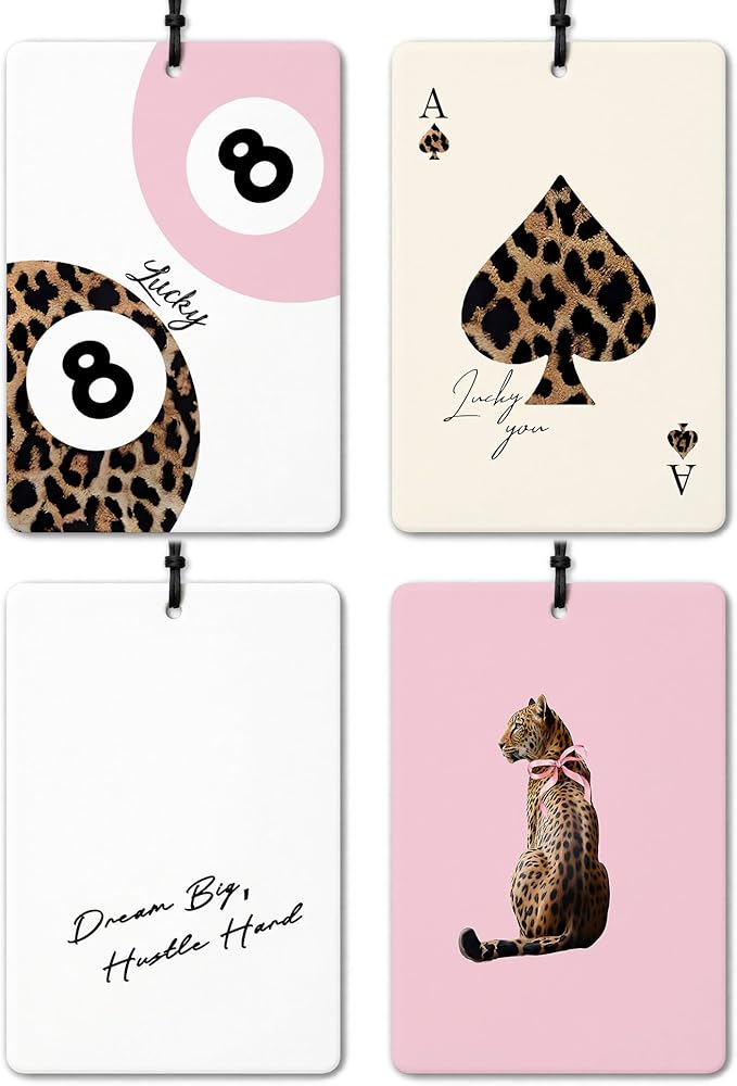 Pink Leopard Print Car Air Freshener 4 Pcs, Trendy Cheetah Lucky 8 Ball Ace Card Hanging Air Freshener for Cars Closet Drawer Books Office, Girly Car Accessories Mirror Decor for Women