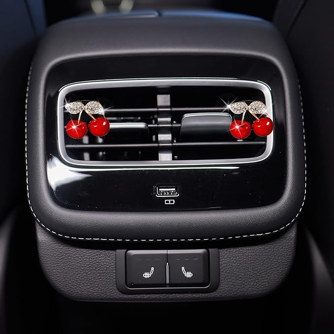 2 Pcs Cherry Car Air Vent Freshener Perfume Clip Cherry Shaped Crystal Air-Freshener Vent Clips Rhinestone Car Air-Outlet Fragrance Perfume Clips-Fresheners for Women Girls