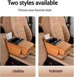 Center Console Cover Booster Multifunctional Center Console Cushion Pad with Cup Holder & Tissue Box & Side Pockets Arm Rest Cover for Car, Embossed, Black-red