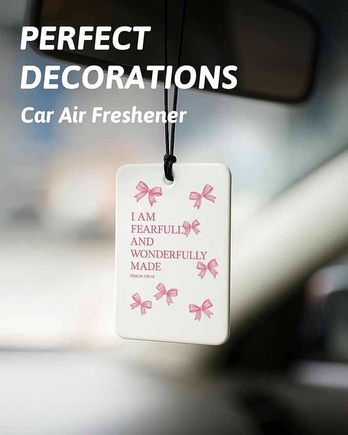 Pink Christian Car Air Freshener 4 Pcs, Coquette Bow Inspirational Religious Hanging Air Freshener for Cars Closet Drawer Books, Girly Christian Car Accessories Mirror Decor for Women