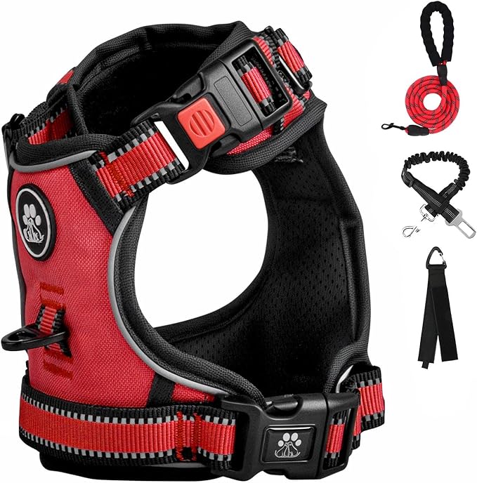 FURRYFECTION Plaid Dog Harness for Large Dogs, Reflective No Pull Adjustable Pet Vest with Front Clip, Leash, Easy Control Handle and Seat Belt, Red, XL