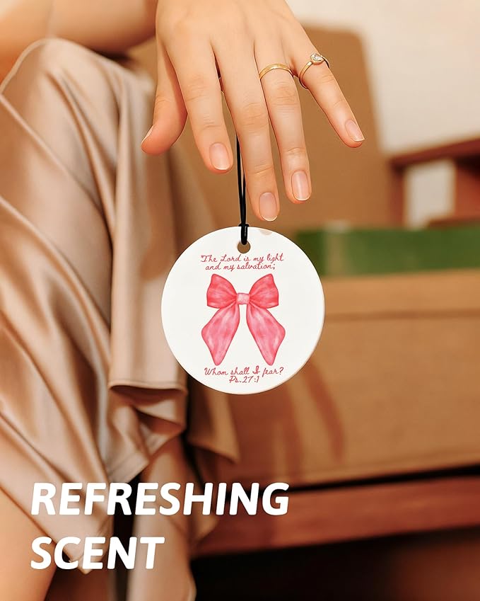 Pink Christian Round Car Air Freshener 4 Pcs, Coquette Pink Bow Bible Verse Religious Hanging Air Freshener for Cars Closet Drawer Books, Christian Girly Car Accessories Mirror Decor for Women