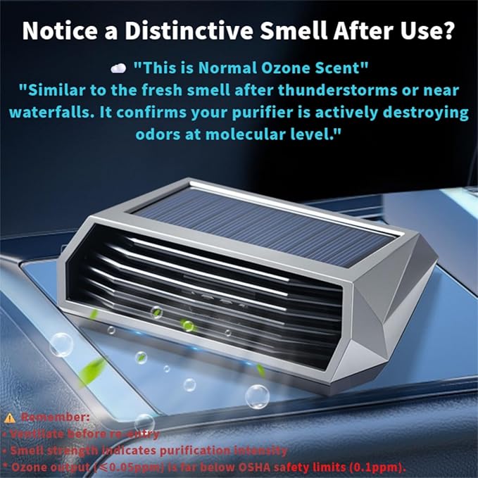 Solar-Powered Car Air Purifier with USB Charging & Ozone Odor Elimination - Portable HEPA Filter-Free Ionizer for Pet Odors, VOCs - Compact, Silent, Best for Car Use (8813 black)