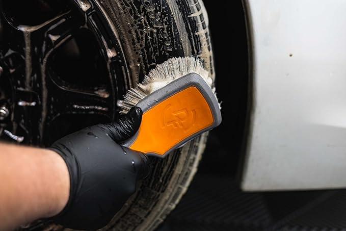 Detail Factory - ProGrip Tire Brush - Ergonomic ProGrip Handle, Stiff Synthetic Bristles, Ergonomic Design, Efficient Tire Brushes for Cleaning Tires - Black Ice