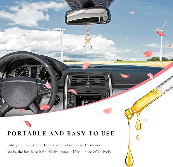 4 PCS Hanging Car Air Freshener, Empty Clear Glass Bottle Pendant Essential Oil Diffuser with Wooden Cap, 8ml Refillable Aromatherapy Bottle Perfume Ornament for Most Vehicles (Oblate)