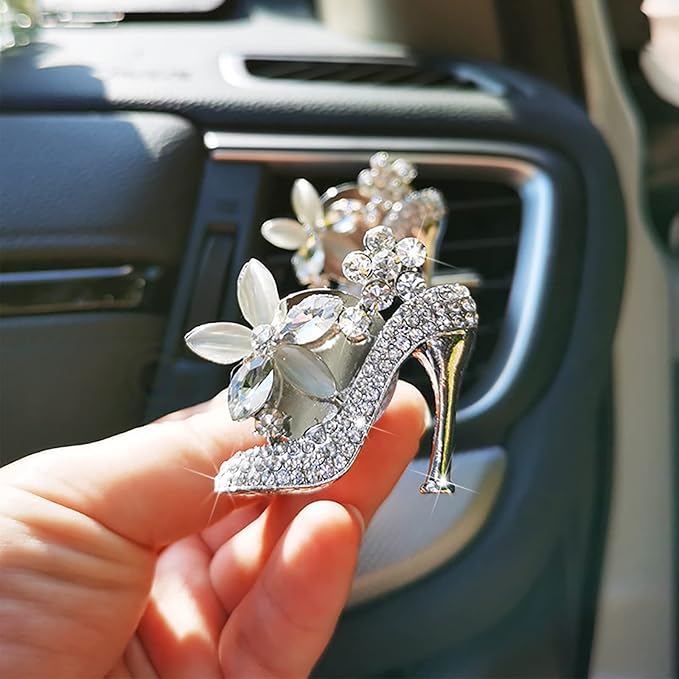 2 Pieces Crystal High Heel Shoe Air Vent Clips Rhinestone Car Air Freshener Clip Bling Car Clip Gift Decorations Charm Car Inter Air Vent Decor Accessories for Girls Women