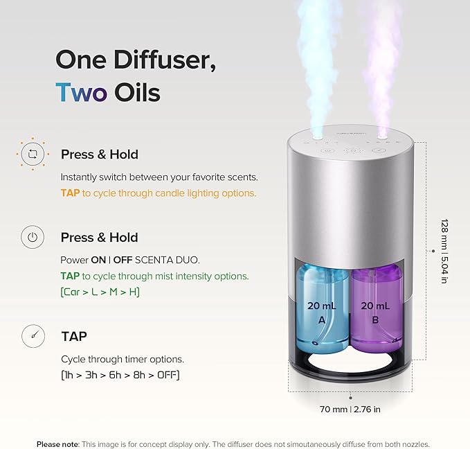 Airversa Dual-Nozzle Waterless Essential Oil Diffuser for Home Rechargeable Scent Diffusers with 5 Timer Settings, 4 Mist Levels with Vehicle Mode for Car Room Studio Office, Sapphire Blue Metal