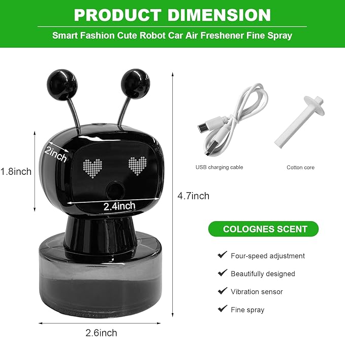 Smart Cute Robot Car Air Freshener, Fine Spray Car Aromatherapy Machine with Four-Gear Adjustment, Auto On/Off Mini Robot Fillable Essential Oil Diffuser for Vehicle Home Office (Cologne)