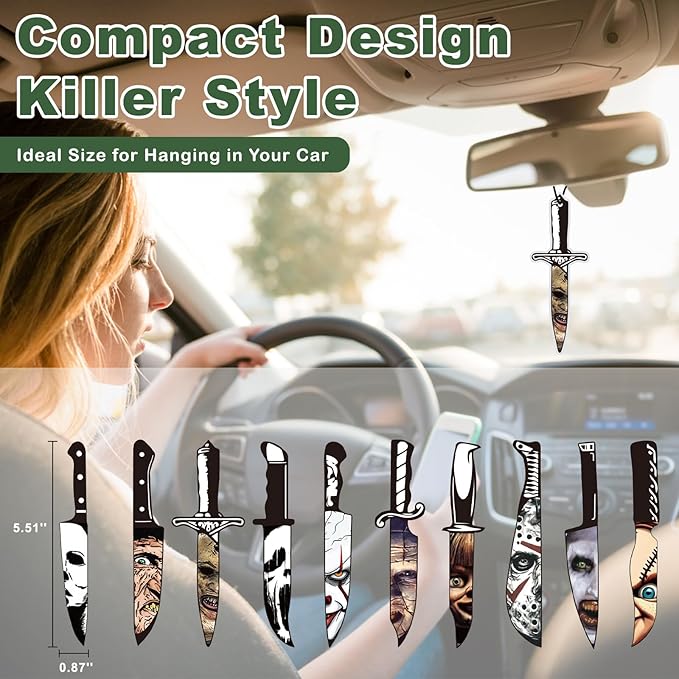 10 Pcs Horror Movie Car Air Freshener Set, Blk Ice Scent Halloween Themed Hanging Knife Design, Spooky Halloween Gifts for Women Men, Classic Horror Movie Character Car Accessories Decor.