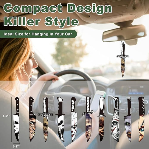 10 Pcs Horror Movie Car Air Freshener Set, Blk Ice Scent Halloween Themed Hanging Knife Design, Spooky Halloween Gifts for Women Men, Classic Horror Movie Character Car Accessories Decor.