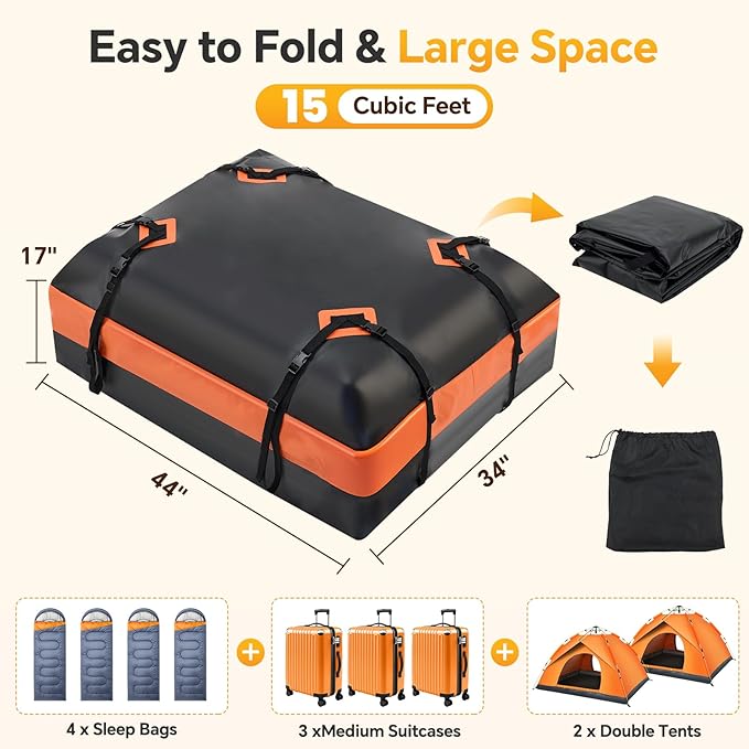 NEWBULIG Car Rooftop Cargo Carrier Bag, 15.1 Cubic Feet Duty Waterproof Bag for All Vehicles with/Without Racks. Includes Anti-Slip Mat, Reinforced Straps, 6 Door Hooks, Storage Bag & Luggage Lock.