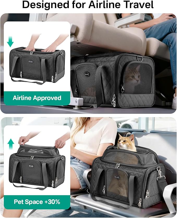 Cat Carrier Airline Approved 17x11x9.5 Inches, Top Expandable Soft Sided Pet Travel Carrier for Cats & Small Dogs, Fits Under Airline Seat with Locking Zippers, Black