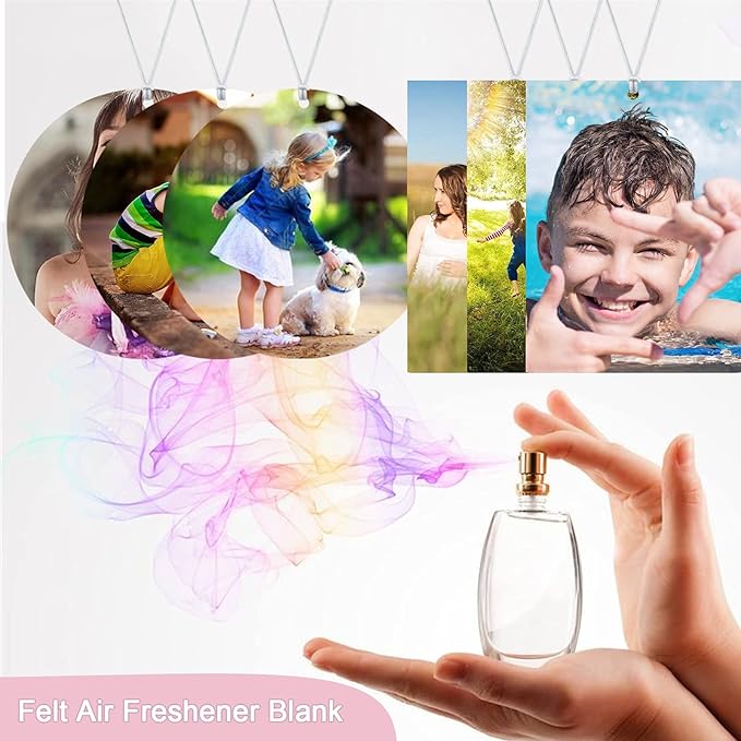 101Pcs Air Freshener Sublimation Blanks Kit Car Scented Hanging Sheets DIY Felt Sublimation Blank Air Freshener Sheet for Car and Home with Elastic Rope and Self-Seal Bags (Circle+Rectangle)