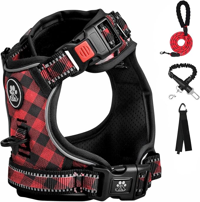 FURRYFECTION Plaid Dog Harness for Small Dogs, Reflective No Pull Adjustable Pet Vest with Front Clip, Leash, Easy Control Handle and Seat Belt, Red&Black, S