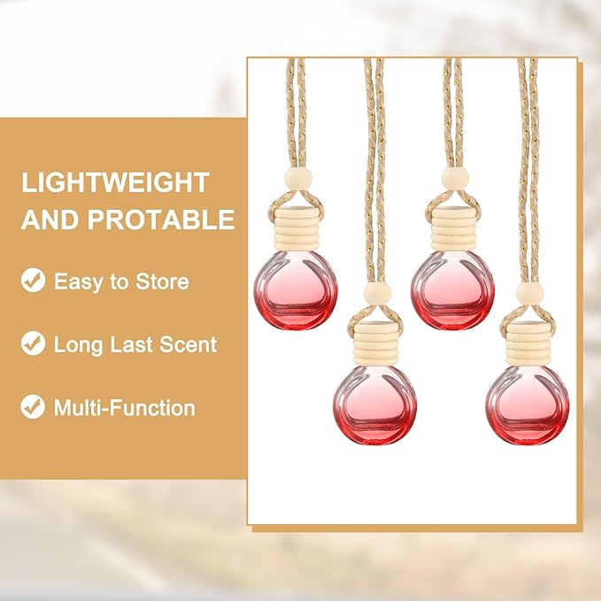 uxcell 8pcs Hanging Car Air Freshener Perfume Bottle, 10ml Pendant Empty Clear/Red Glass Essential Oil Aromatherapy Diffuser with Wooden Cap for Car Decor (Clear/Red, Round)