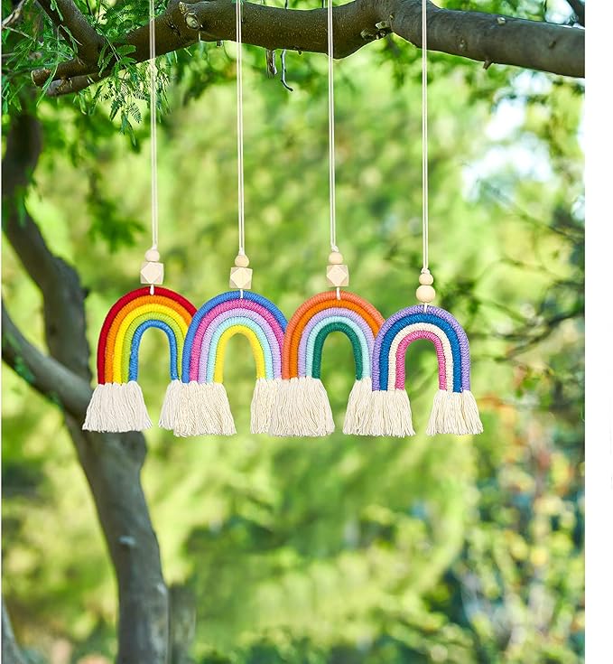 8 Pcs Boho Rainbow Car Charm Macrame, Cute Bohemian Handmade Woven Wooden Beads, Diffuser, Colorful Accessories Hanging Air Fresheners Decor