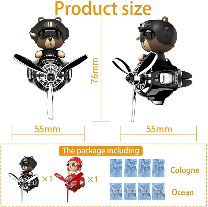 2Pcs Car Air Fresheners, Cute Bear Pilot Automotive Air Outlet Creative Car Perfume Diffuser, Automotive Accessories Air Vent Decoration with 8 Fragrant Tablets (Black 1+Red 1)