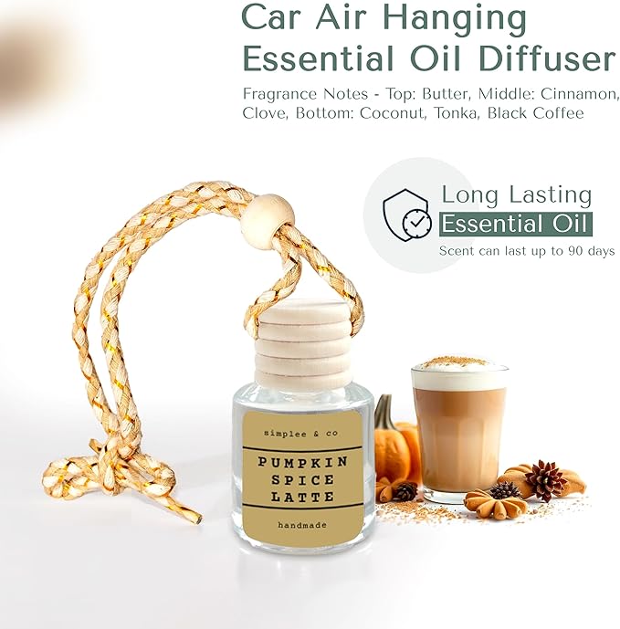 Pumpkin Spice Latte Car Air Hanging Essential Oil, Car Air Freshener Diffuser, Long Lasting Essential Oils, Aromatherapy Vehicle Diffuser by Simplee & Co