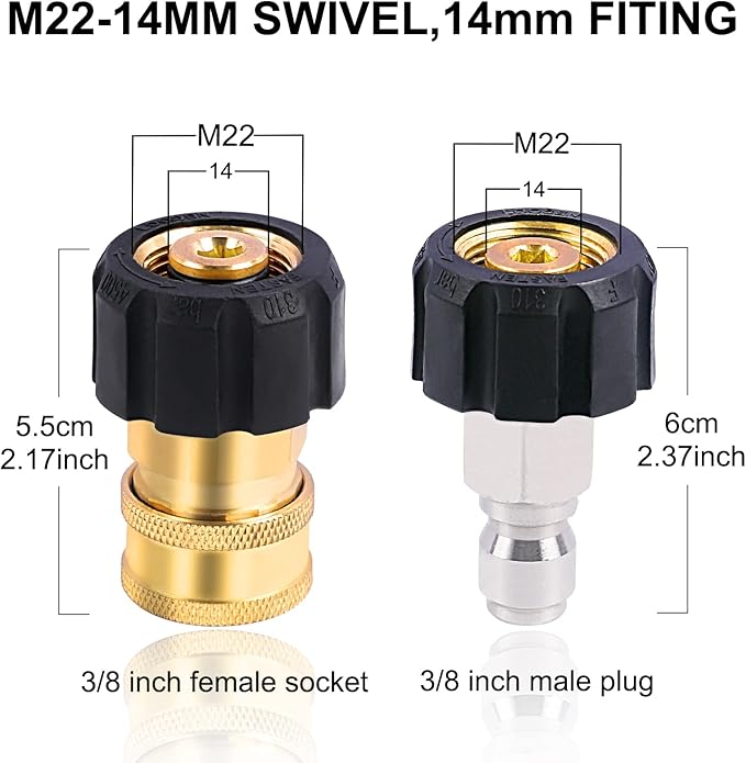 Pressure Washer Adapter Set, M22 14mm to 3/8 inch Quick Connect and Disconnect Fitting, 4500PSI Pressure Washer Hose/Gun Thread Kit