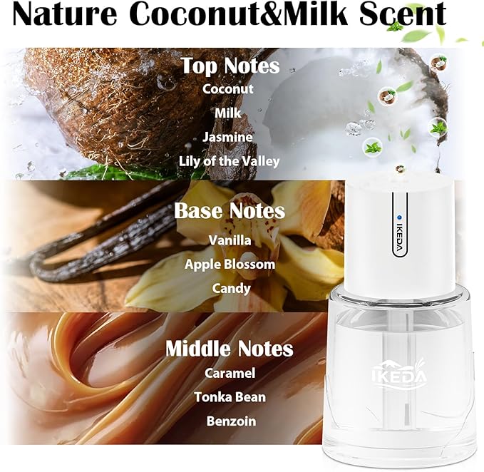 Ikeda Fragrance Smart Car Air Freshener,100ml Essential Oil Mist Aroma Machine, 3 Mode Mini Small Scent Spray for Truck & Car with Touch Switch, Automotive Aroma Diffuser for Gift(White, Milk-Aromas)