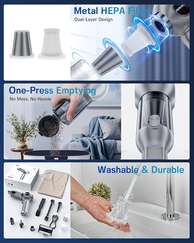 Handheld Car Vacuum Portable Cordless 25000Pa High Power Small Mini Hand Vacuum Cleaner Rechargeable 4-in-1 Compressed Air Duster Blower Pump Wireless Handheld Vac for Car Office Desktop Home Cleaning