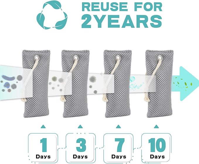 Nature Fresh Air Purifier Bags, Activated Charcoal Air Purifying Bag,Moisture Absorber,odor eliminator,Natural Car Air Freshener,Shoe Deodorizer,Odor Eliminators For Home, Pet, Closet (200g*4)