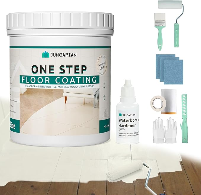 All-In-One Interior Floor Coating Kit, Water-based & Low Odor One-Step Floor Paint, High Hardness Waterproof Paint for Ceramic, Porcelain, Fiberglass, Hardwood, Laminate, Vinyl, 35OZ, Cream