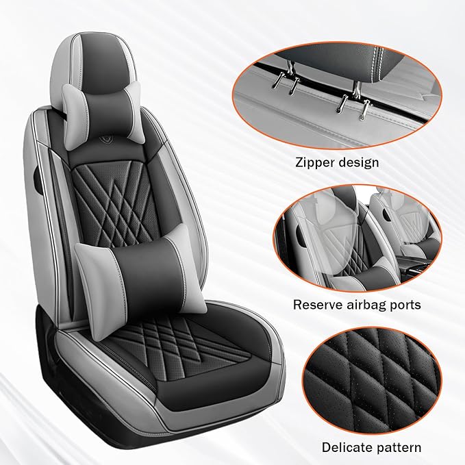 Car Seat Covers Compatible with Toyota Camry 2012-2026 Durable Waterproof Automotive Seat Covers Stretchable Fabric Material,Airbag Compatibility,Premium Nappa Leather(Black Gray,Full Set with Pillow)