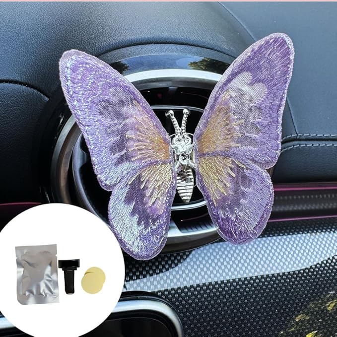 2 Pcs Embroidery Fragrance Butterfly Decoration, Butterfly Car Vent Clips, Embroidery Fragrance Butterfly Car Air Freshener Clip Charm Car Inter Decor Cute Car Accessories for Women Girls-Purple