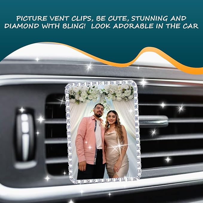 Custom Pictures Car Air Vent Clips, Personalized Rhinestone Photo Frame Air Fresheners Vent Clips, Car Decoration for Pet (Rhinestone-Bordered Rectangle)