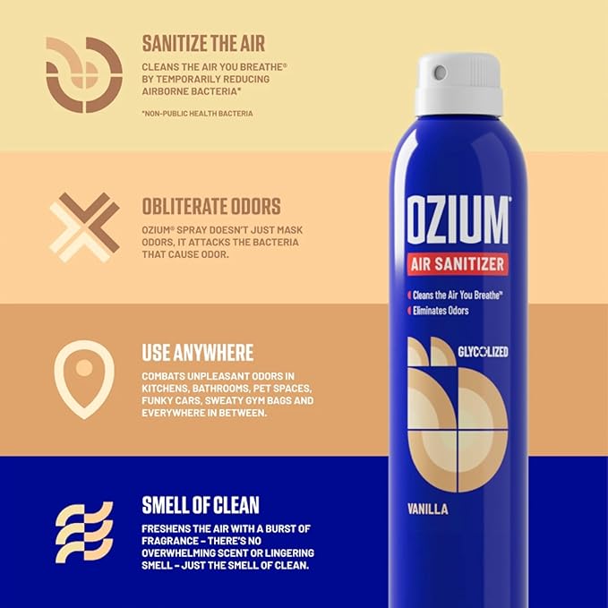 Ozium 0.8 oz. Air Sanitizer & Odor Eliminator for Homes, Cars, Offices and More, Vanilla Scent, Pack of 6