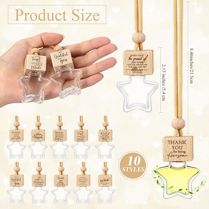 20 Pcs Star Shaped Car Fragrance Diffuser Bottle Bulk - Appreciation Gifts Set Hanging Glass Diffusers with Inspirational Message for Coworker Teacher Staff Thank You Gift (Employee)