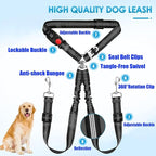 Double Dog Seat Belt for Car, Adjustable Headrest Restraint Safety Seatbelt with Reflective Bungee & Tangle-Free Swivel, No-Pull Split Leash for Vehicle Travel & Walking 2 Dogs, Black