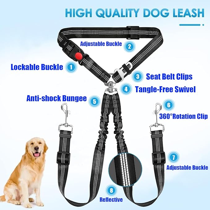Double Dog Seat Belt for Car, Adjustable Headrest Restraint Safety Seatbelt with Reflective Bungee & Tangle-Free Swivel, No-Pull Split Leash for Vehicle Travel & Walking 2 Dogs, Black