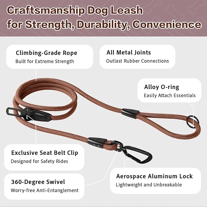 PawsPassion Rope Dog Leash 4 FT, 2-in-1 Heavy Duty Dog Leash with Seat Belt Buckle, Tangle Free 360ｰ Swivel Aviation Aluminum Carabiner, All Metal Hardware, Alloy O-Ring (Canyon Red)