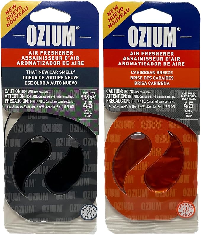 Ozium Paper Membrane Hanging Car Air Freshener - Automotive Air Fresheners and Odor Eliminator for Car (New Car + Caribbean Breeze, 1 Pack Combo Kit)