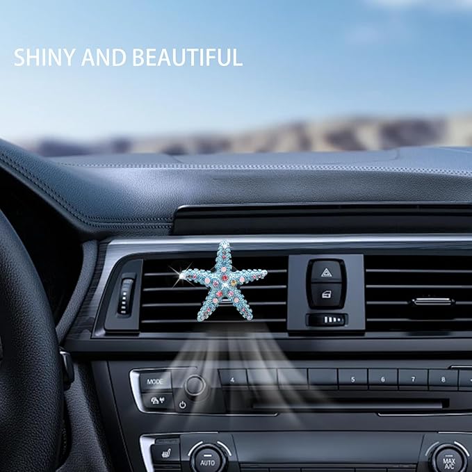Starfish Car Decor,Cute Beach Car Vent Clip,Colorful Rhinestones Starfish Car Air Freshener,Ocean Themed Accessories for Women Teens,Refillable Diffuser (Blue Starfish)