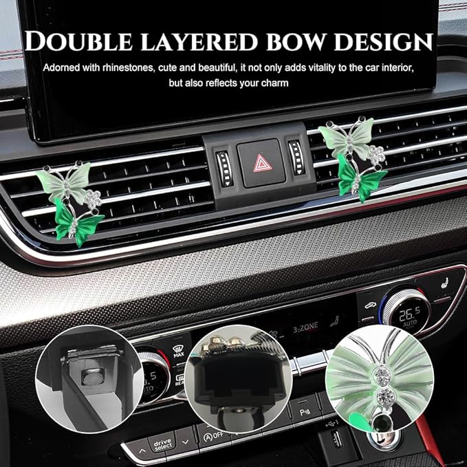 2PCS Car Air Vent Clips, Dual Butterfly Diamond Car Air Conditioner Outlet Vent Clip, Cute Car Diffuser Perfume Clip, Car Air Freshener Decor Accessories for Women Girl (Green, Style 1)
