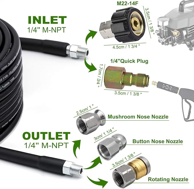 West Bay 200FT Sewer Jetter Kit for Pressure Washer, 5800PSI Drain Cleaner Hose 1/4 Inch NPT, Corner, Rotating and Button Nose Sewer Jetting Nozzle Waterproof Tape Pearl Corsage Pin with 2Pcs Spanner