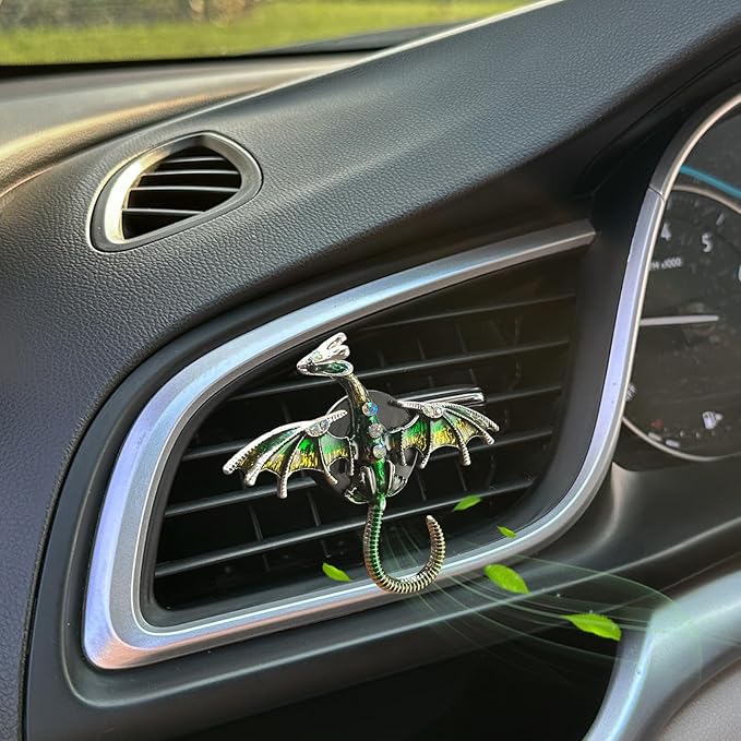 Dargon Air Vent Clips Car Air Freshener 2pcs Bling Green Dragon Car Accessories Enamel Fire Dragon Wyvern Vent Clips Refillable Essential Oil Outlet Diffuser Gothic Decor