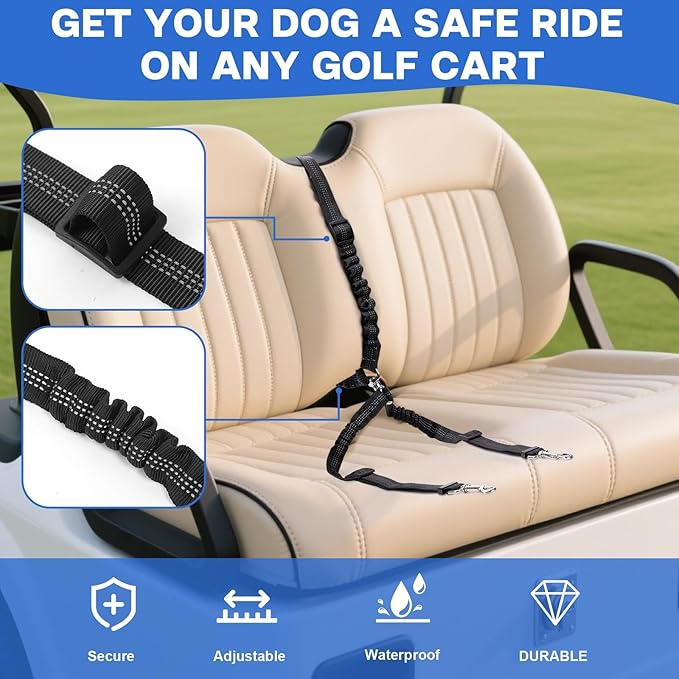 2 Pack Dog Seat Belt Tether for Golf Cart, Pet Dog Seat Belt Harness for Car, Adjustable Golf Dog Collar Leash for Golf Cart Pet Safety Protection to Prevent Accidental Injury