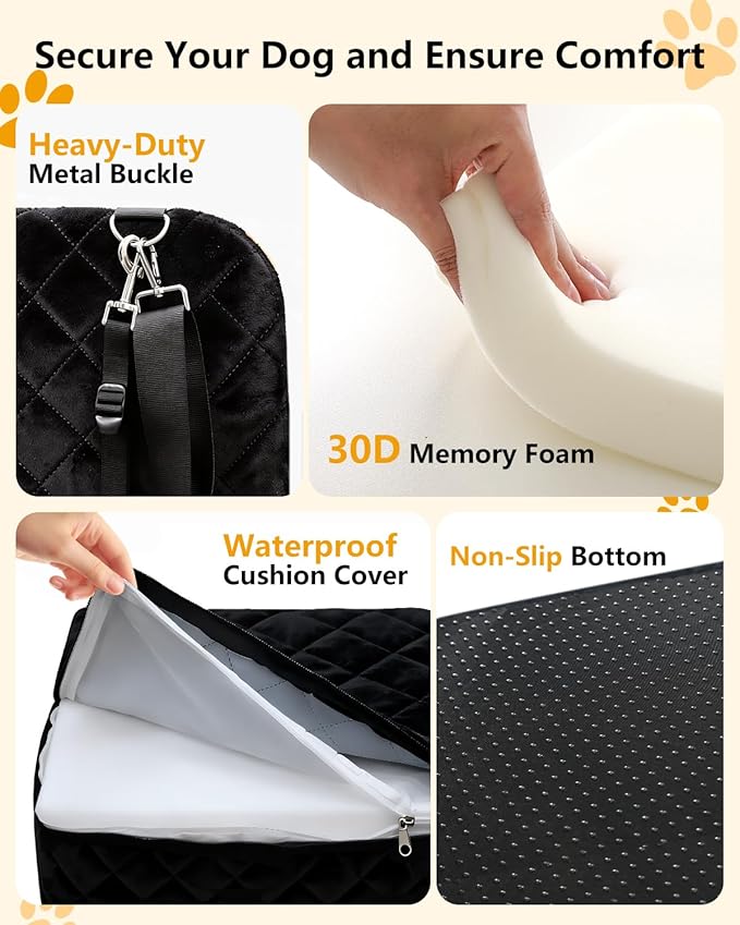 Dog Car Seat for Small/Medium Dogs Up to 35lbs, 2-in-1 Pet Car Seat with Memory Foam, Detachable Washable Dog Bed for Cars, Pet Booster Carseat with Storage Pockets Fits Front/Back Seats (Black/Brown)