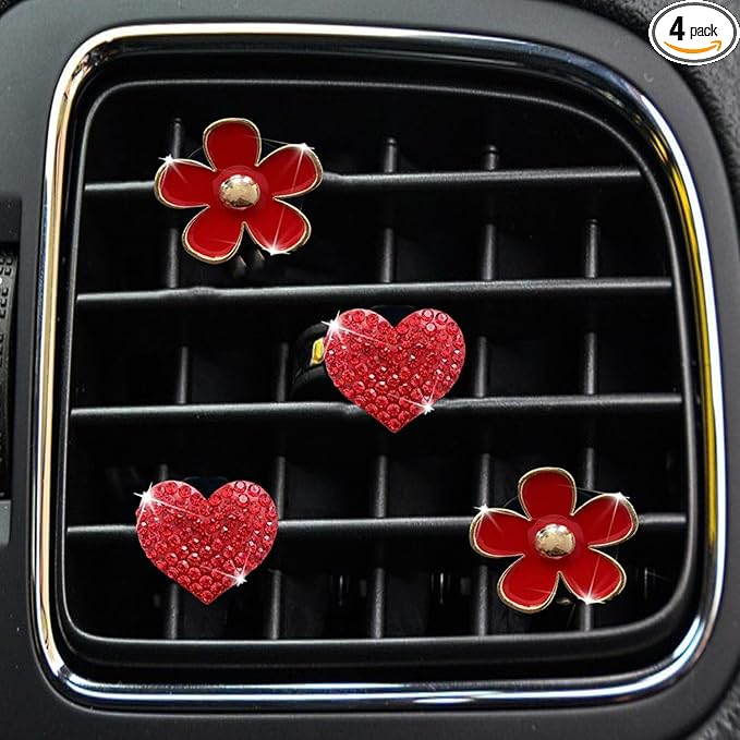4PCS Car Air Vent Clips with Fragrance Pads, Cute Flower Car Air Fresheners Vents Clips Diamond Vent Clip Auto Interior Decor Charm Bling Auto Accessories Decoration for Women (Red)